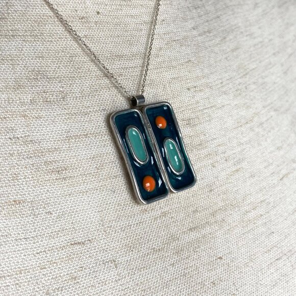 Sterling Silver 925 Modernist Style Enamel Geometric Pendant Necklace 18" Chain - Picture 3 of 16